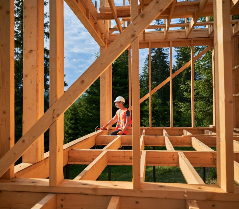 Carpenter constructing wooden frame house.